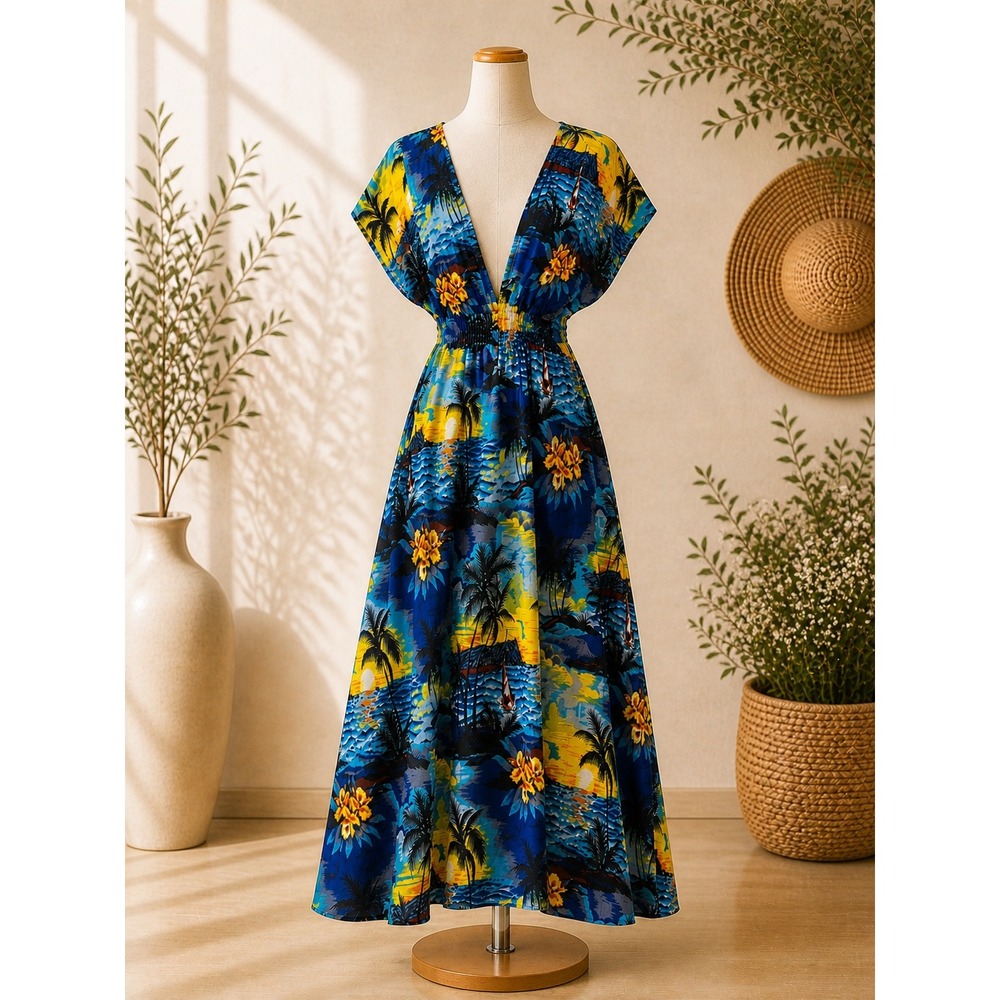 Another Sunrise Tropical Hawaiian Sunset Maxi Dress Blue XL Rayon Beach Luau